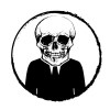 A skeleton in a black suit