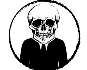 A skeleton in a black suit